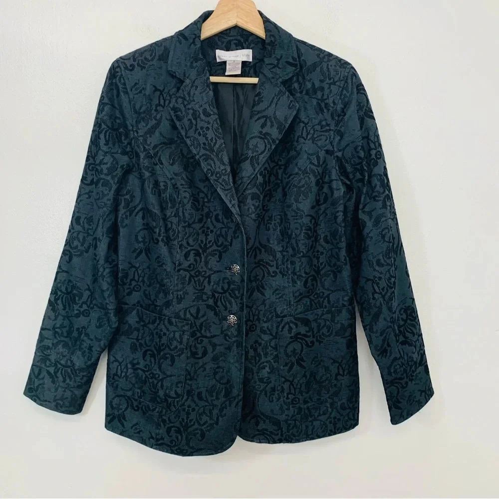 Susan Graver Blazer Jacket Woman Small  Black Textured Scroll Print Lined Pocket